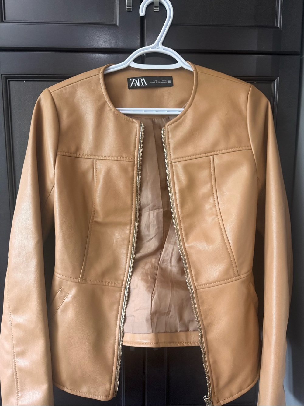 Zara Tan Faux Leather Collarless Zip Jacket